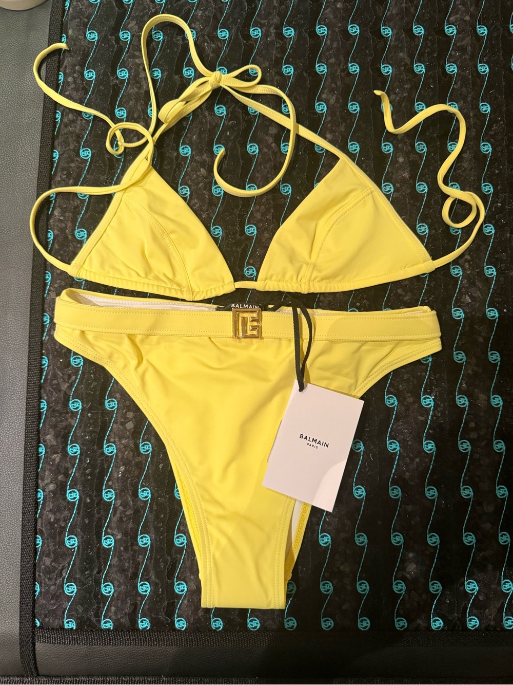 NWT authentic Balmain Bright Yellow Triangle Bikini with Branded Belt high waist